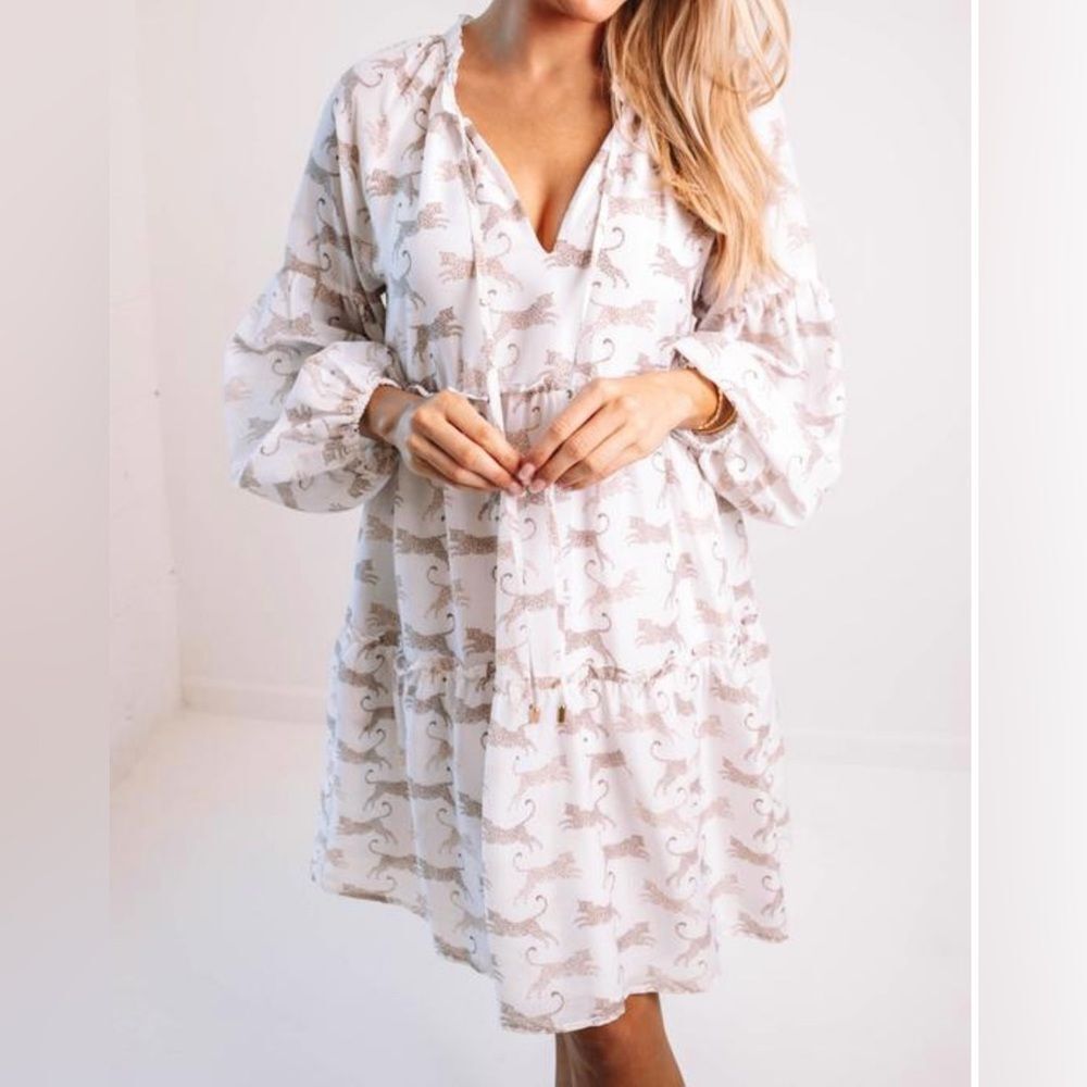 Leopard Ruffled, Balloon Sleeve, Feminine Art to Wear Poly Silk Blend Midi Dress